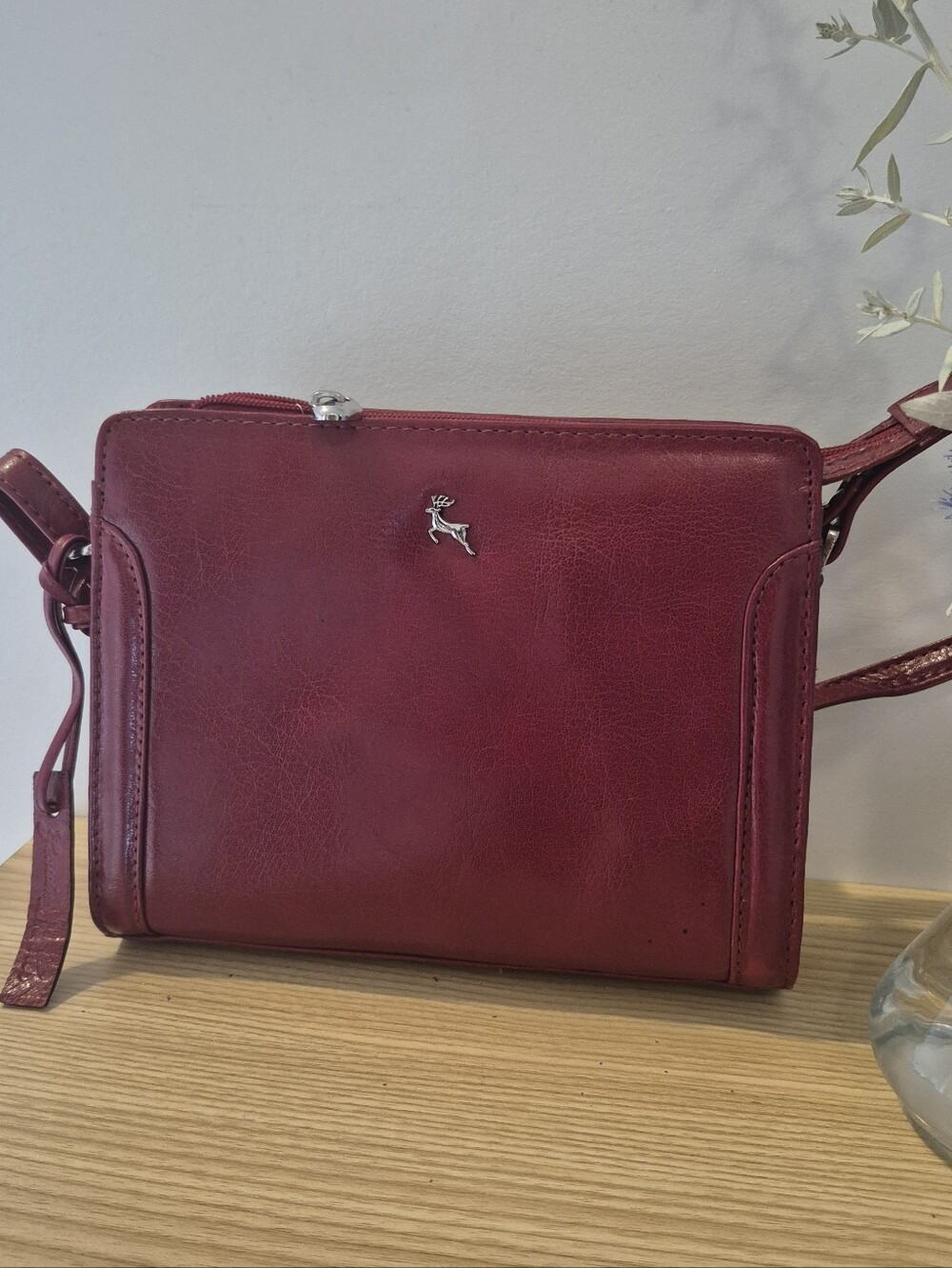 Ashwood 100% Genuine Leather Red Burgundy Crossbody Bag | Stag / Deer Emblem